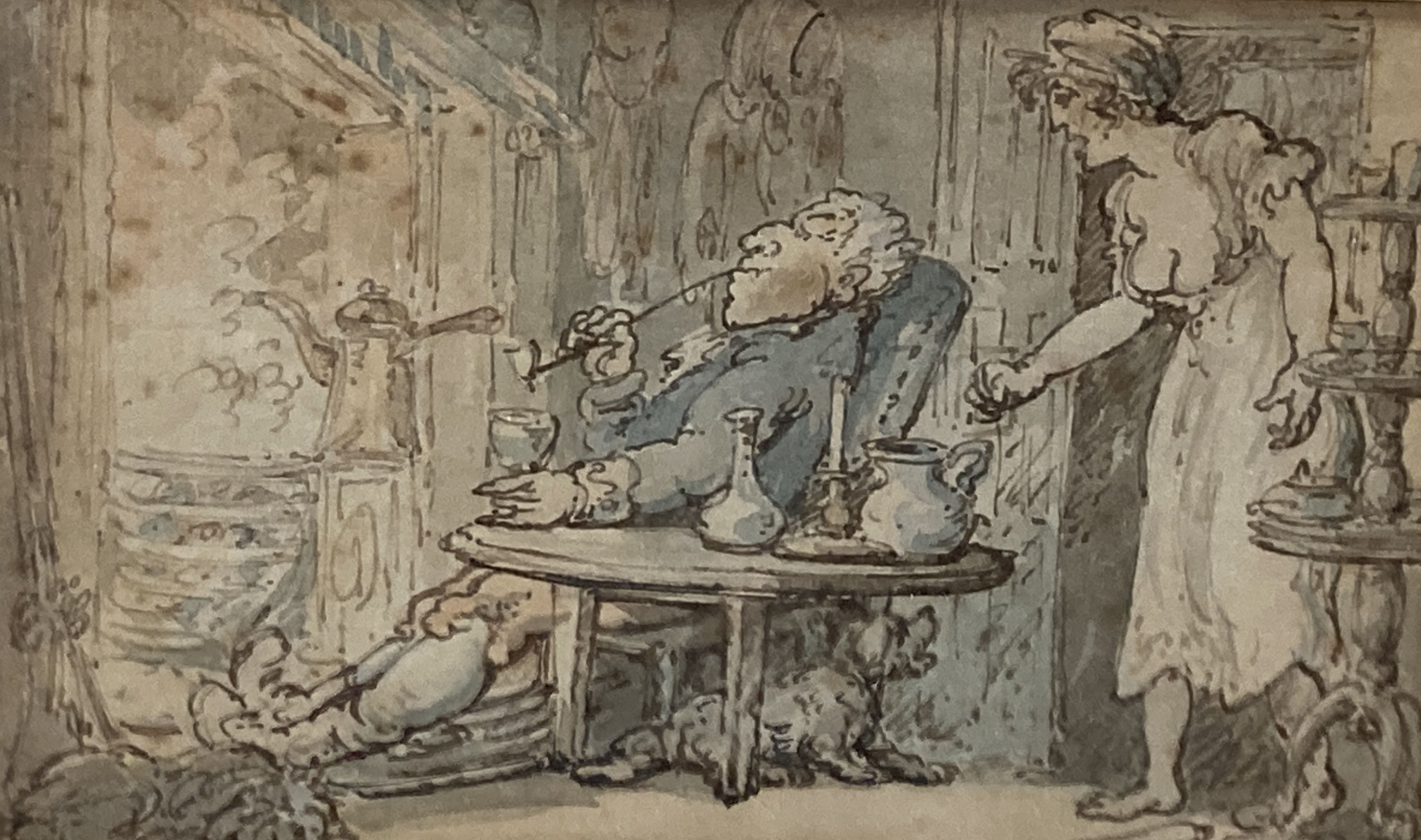 Attributed to Thomas Rowlandson (1757-1827), interior with figures, watercolour, 8.5 x 14cm